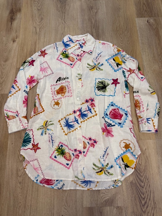blue island Tops - Blue Island Aloha Stamps Print Oversized Button Down